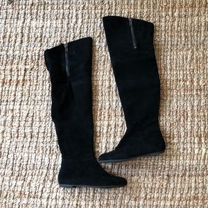 Flat, Suede-Like Thigh High Black Boot